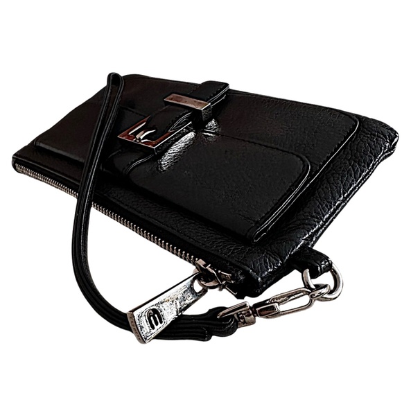EXPRESS Black Leather Wristlet 7.5”x 4.5” Zip Flap & Snap Buckle - Picture 3 of 9